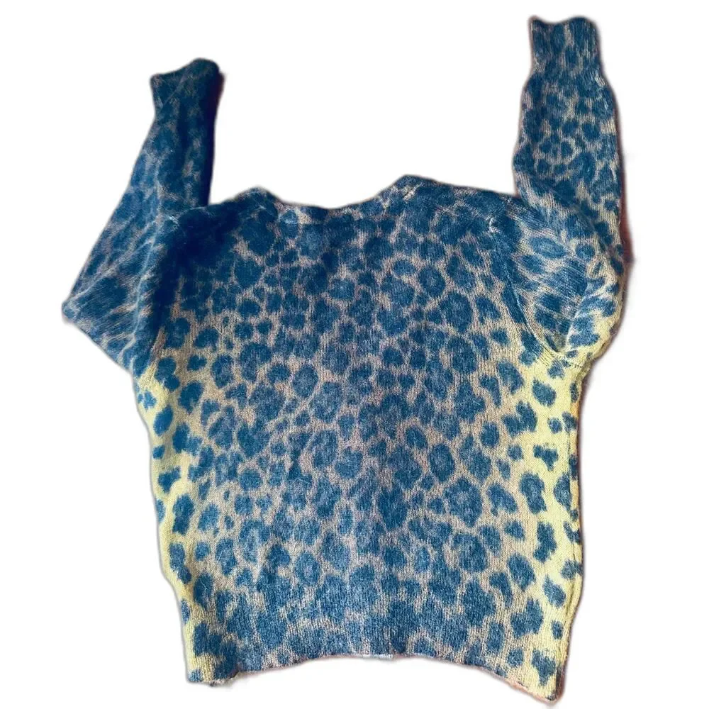 J, Crew Leopard Print Mohair Mob Wife Wool Blend Fuzzy Knit Cardigan Sweater L